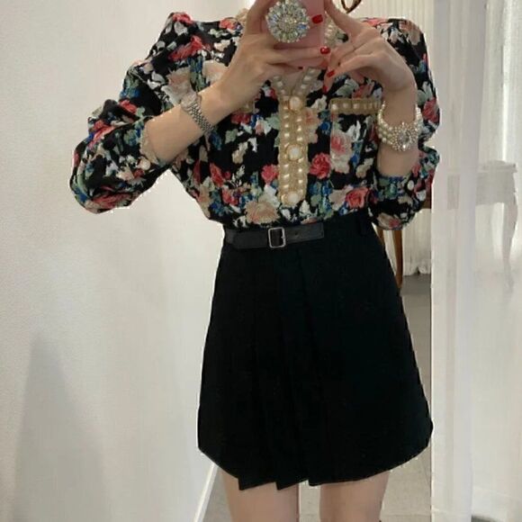 V neck Single-breasted Long-sleeved Floral Chiffon Shirts XL - Picture 4 of 12